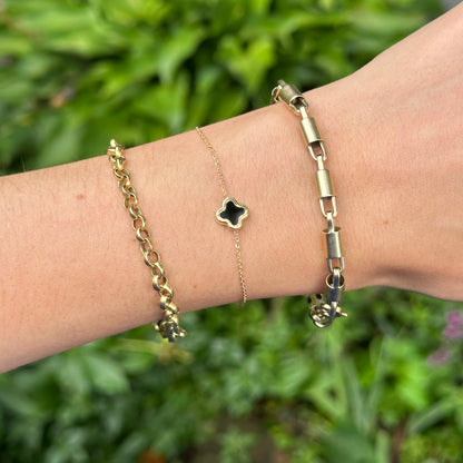 14KT Yellow Gold 8mm Black Onyx Clover Station Chain Bracelet