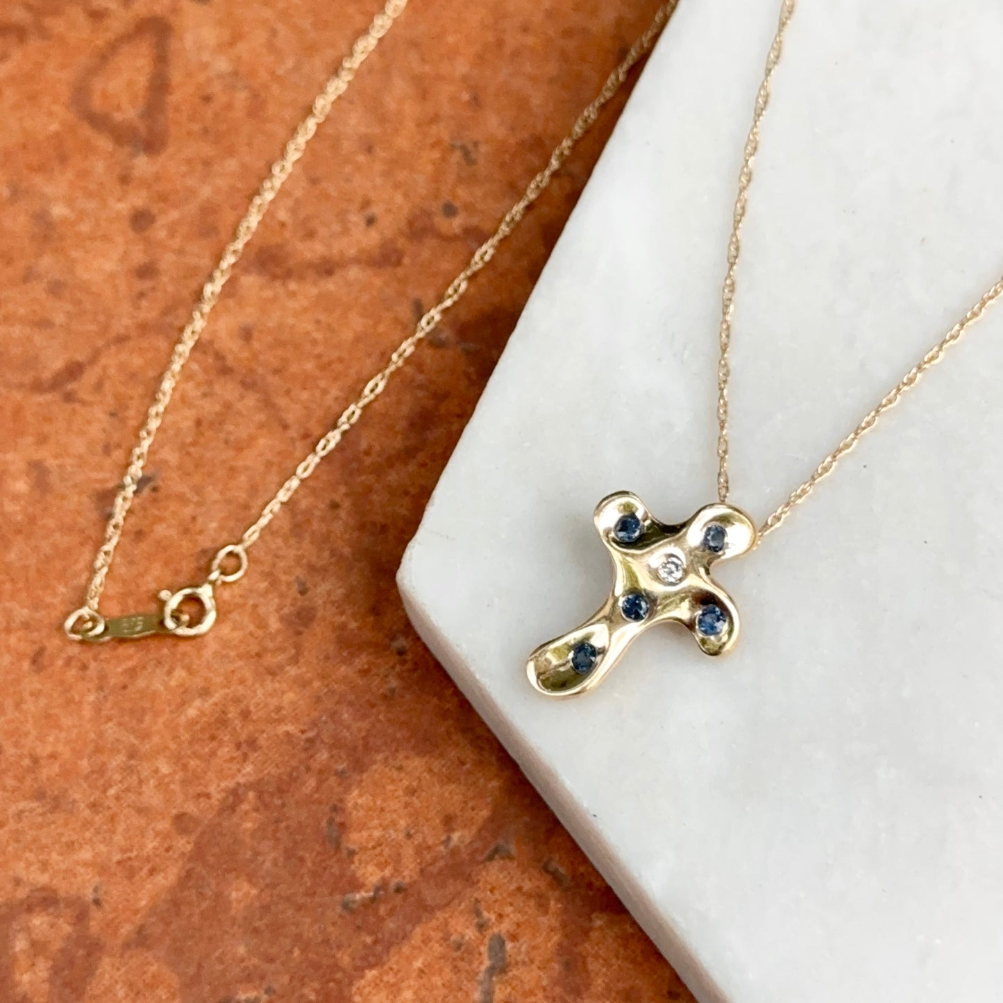 Estate 14KT Yellow Gold Sapphire + Diamond Cross Slide Necklace
