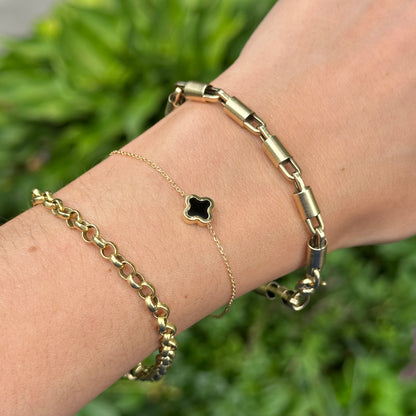 14KT Yellow Gold 8mm Black Onyx Clover Station Chain Bracelet