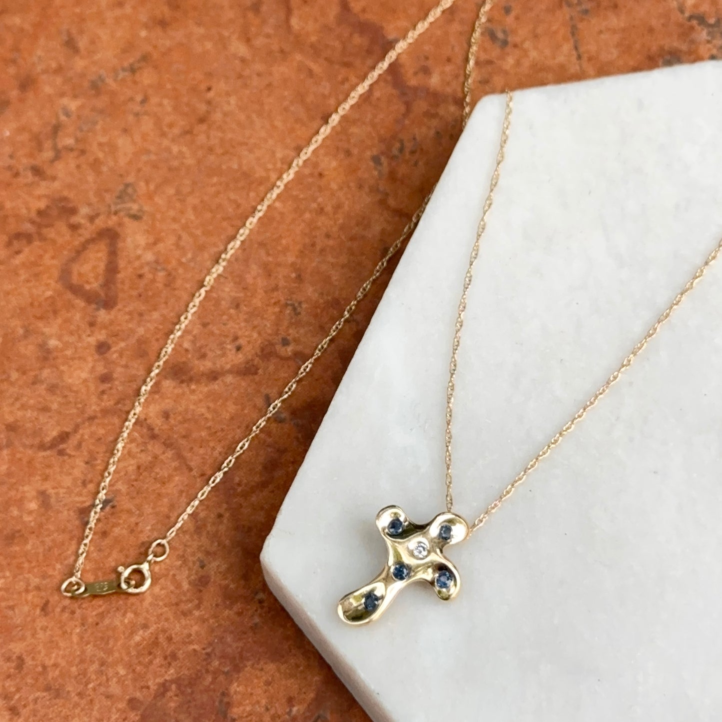 Estate 14KT Yellow Gold Sapphire + Diamond Cross Slide Necklace