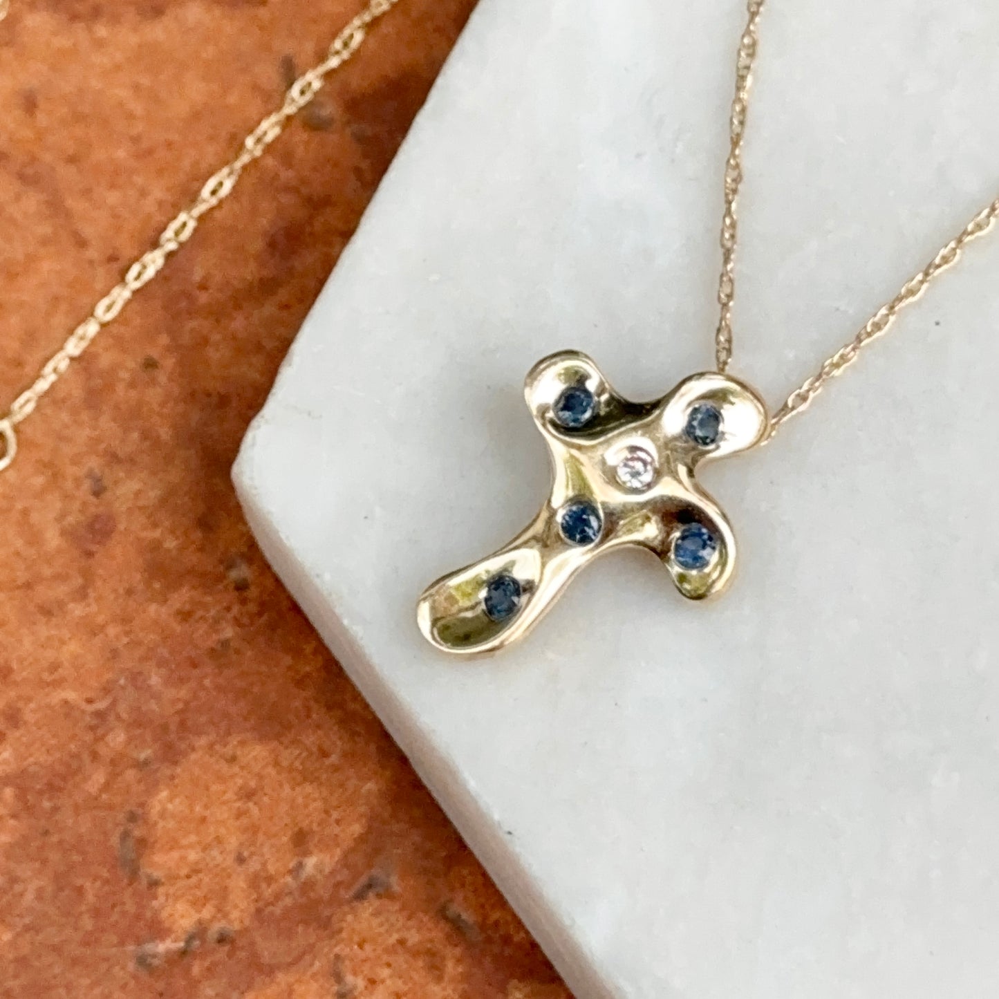 Estate 14KT Yellow Gold Sapphire + Diamond Cross Slide Necklace