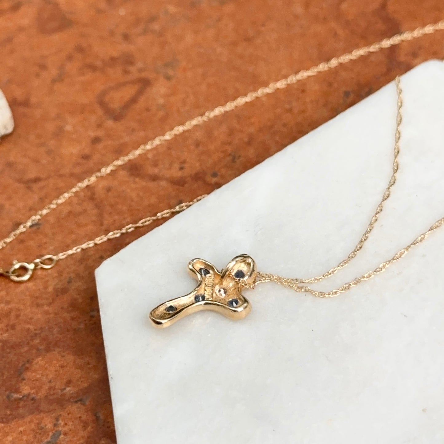 Estate 14KT Yellow Gold Sapphire + Diamond Cross Slide Necklace