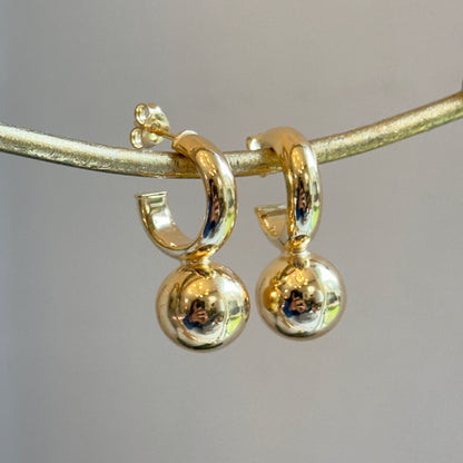 Yellow Gold-Plated Sterling Silver Hoop + Ball Bead Dangle Earrings