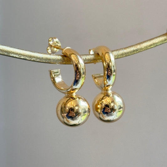 Yellow Gold-Plated Sterling Silver Hoop + Ball Bead Dangle Earrings