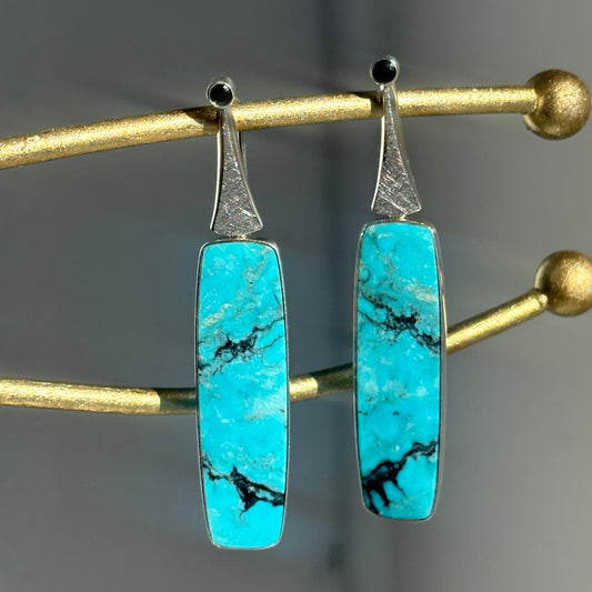 Sterling Silver Elongated Arizona Turquoise + Black Diamond Earrings