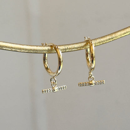 Yellow Gold-Plated Sterling Silver Round Hoop + CZ Bar Dangle Earrings