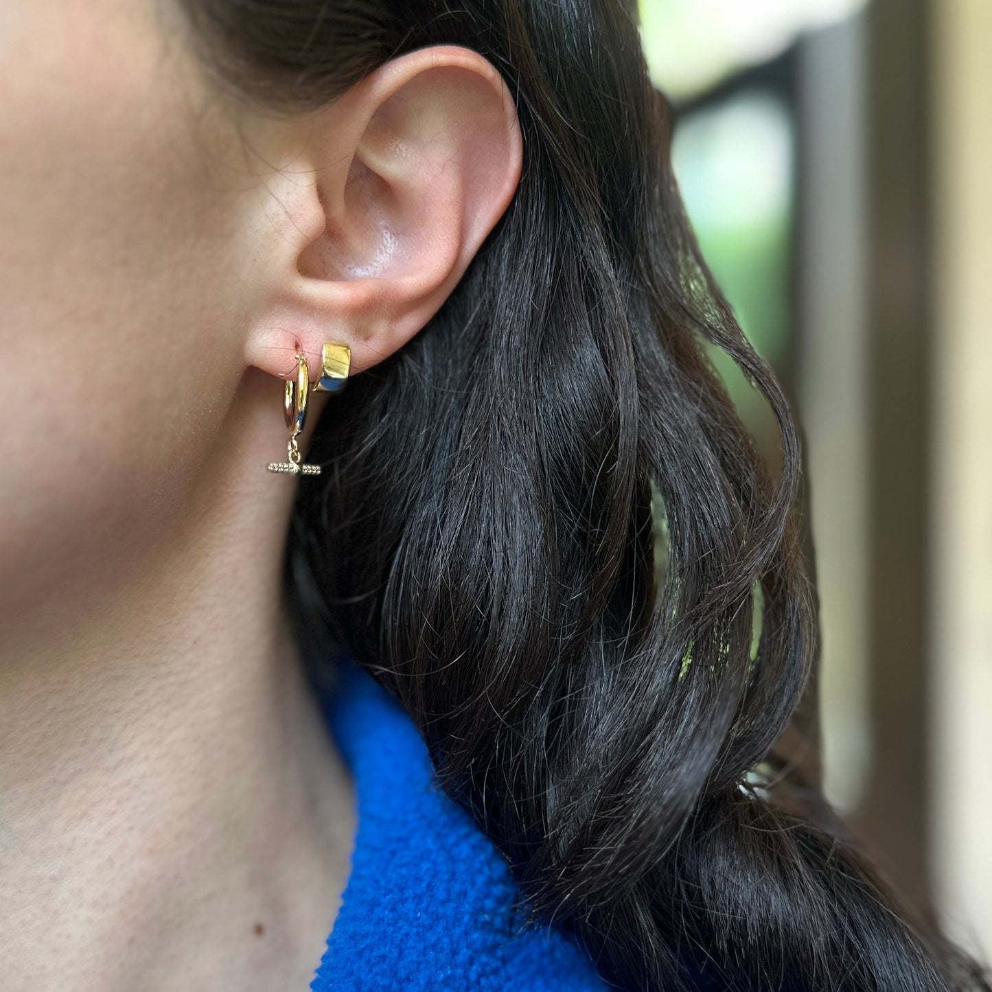 Yellow Gold-Plated Sterling Silver Round Hoop + CZ Bar Dangle Earrings