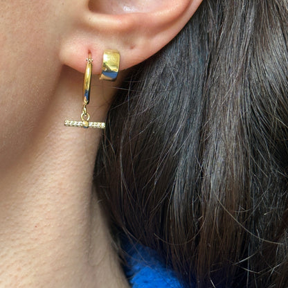 Yellow Gold-Plated Sterling Silver Round Hoop + CZ Bar Dangle Earrings