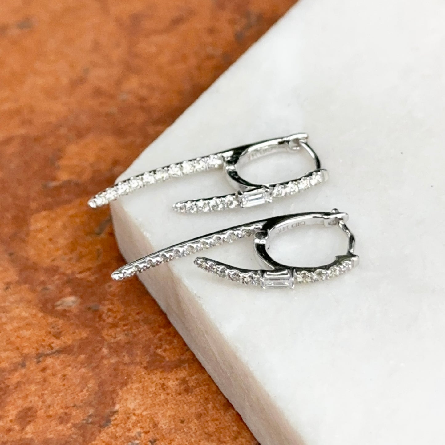Estate 14KT White Gold Baguette Diamond Huggie Hoop Dangle Earrings