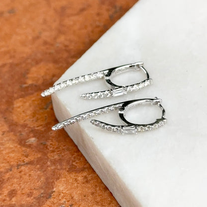 Estate 14KT White Gold Baguette Diamond Huggie Hoop Dangle Earrings
