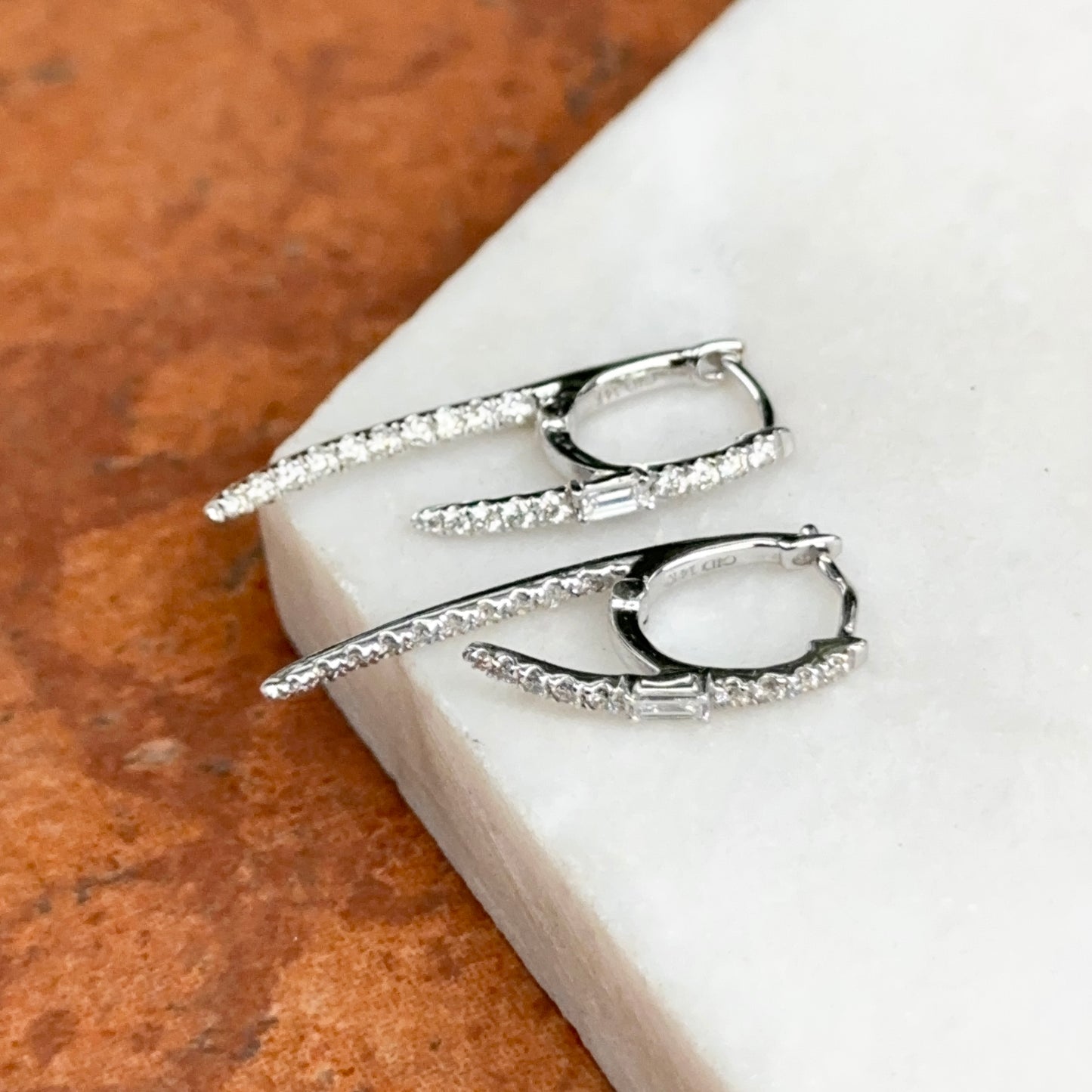 Estate 14KT White Gold Baguette Diamond Huggie Hoop Dangle Earrings