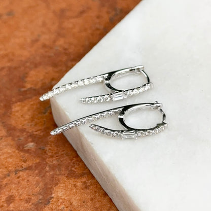 Estate 14KT White Gold Baguette Diamond Huggie Hoop Dangle Earrings