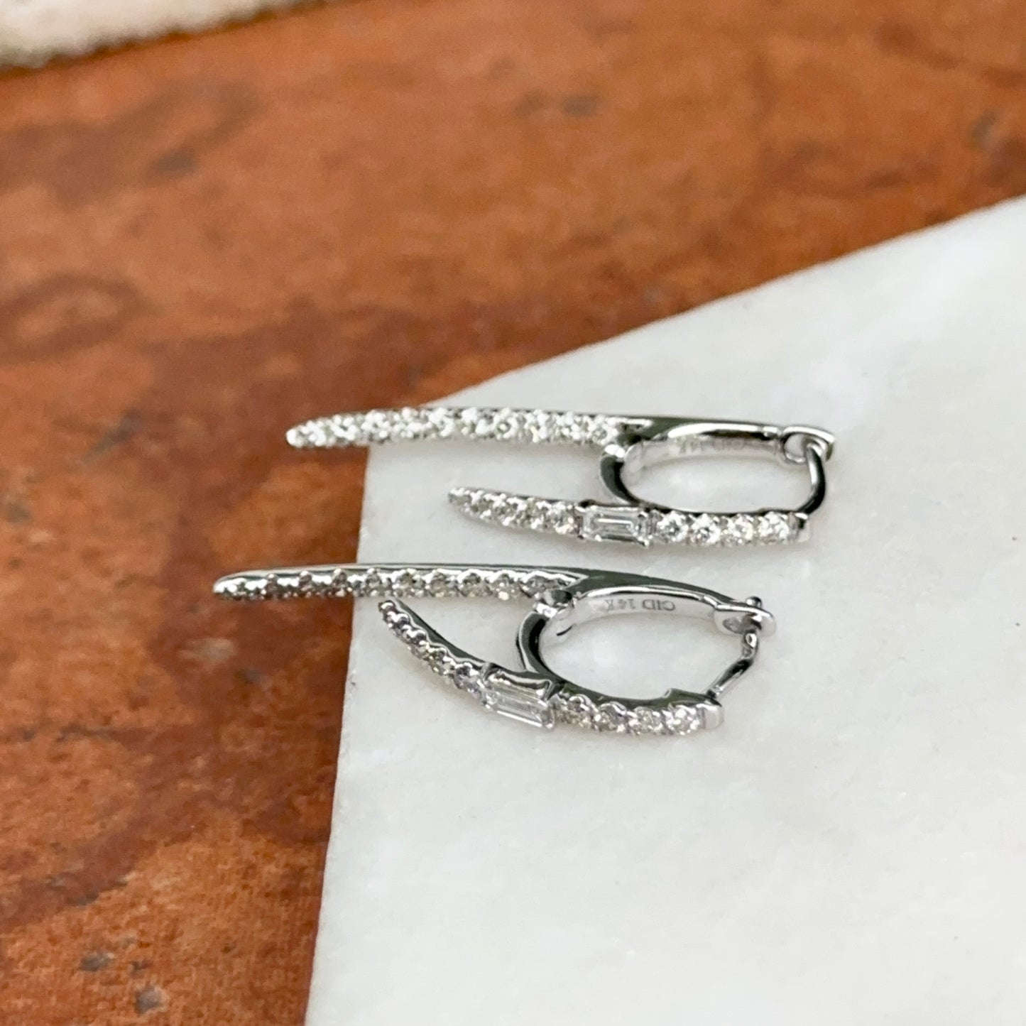 Estate 14KT White Gold Baguette Diamond Huggie Hoop Dangle Earrings