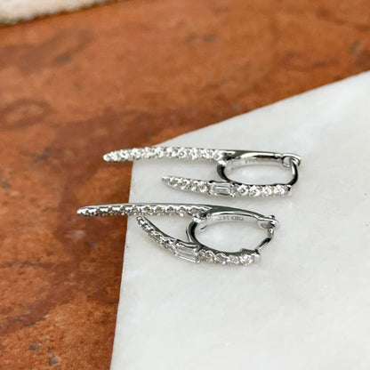 Estate 14KT White Gold Baguette Diamond Huggie Hoop Dangle Earrings