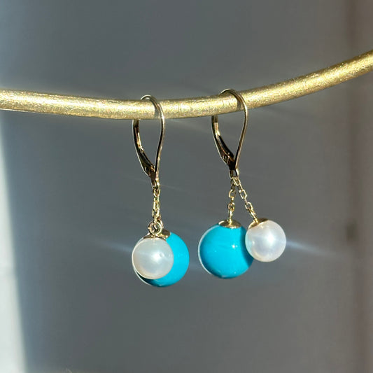 14KT Yellow Gold Sleeping Beauty Turquoise + Pearl Lever Back Earrings