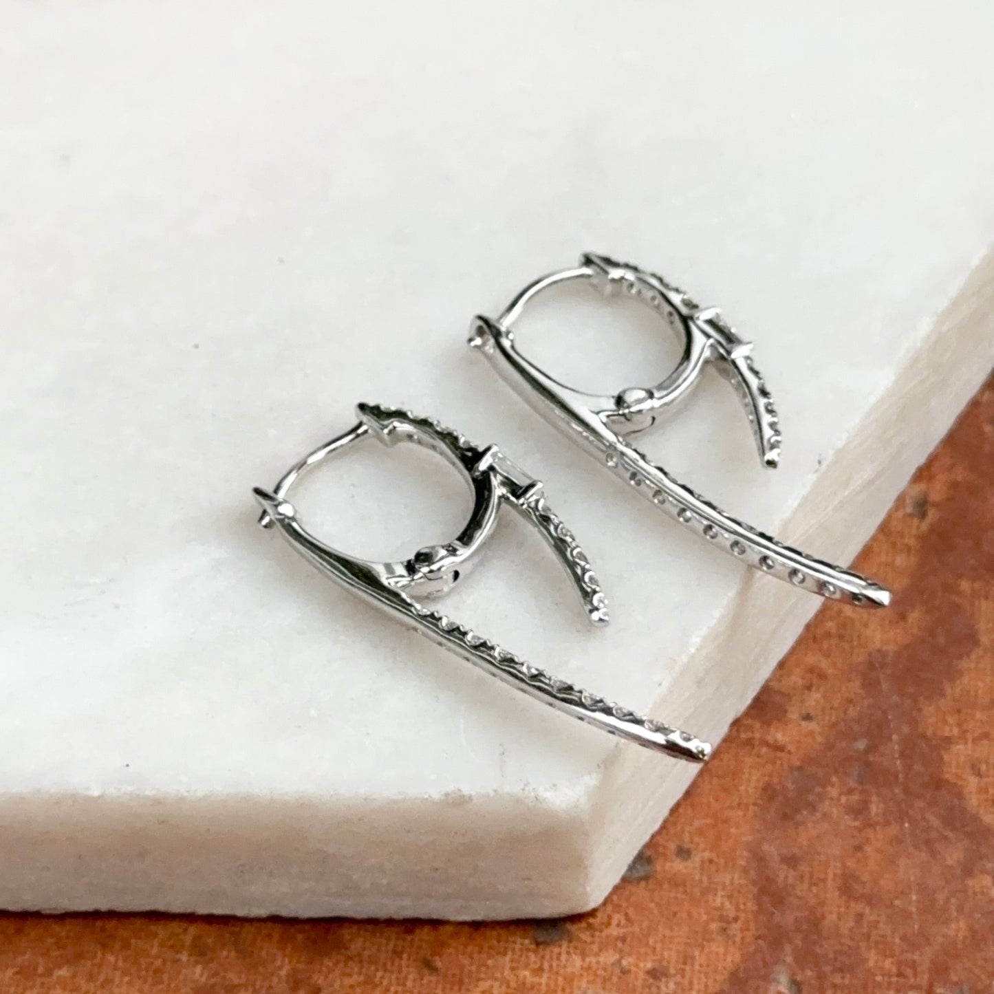 Estate 14KT White Gold Baguette Diamond Huggie Hoop Dangle Earrings