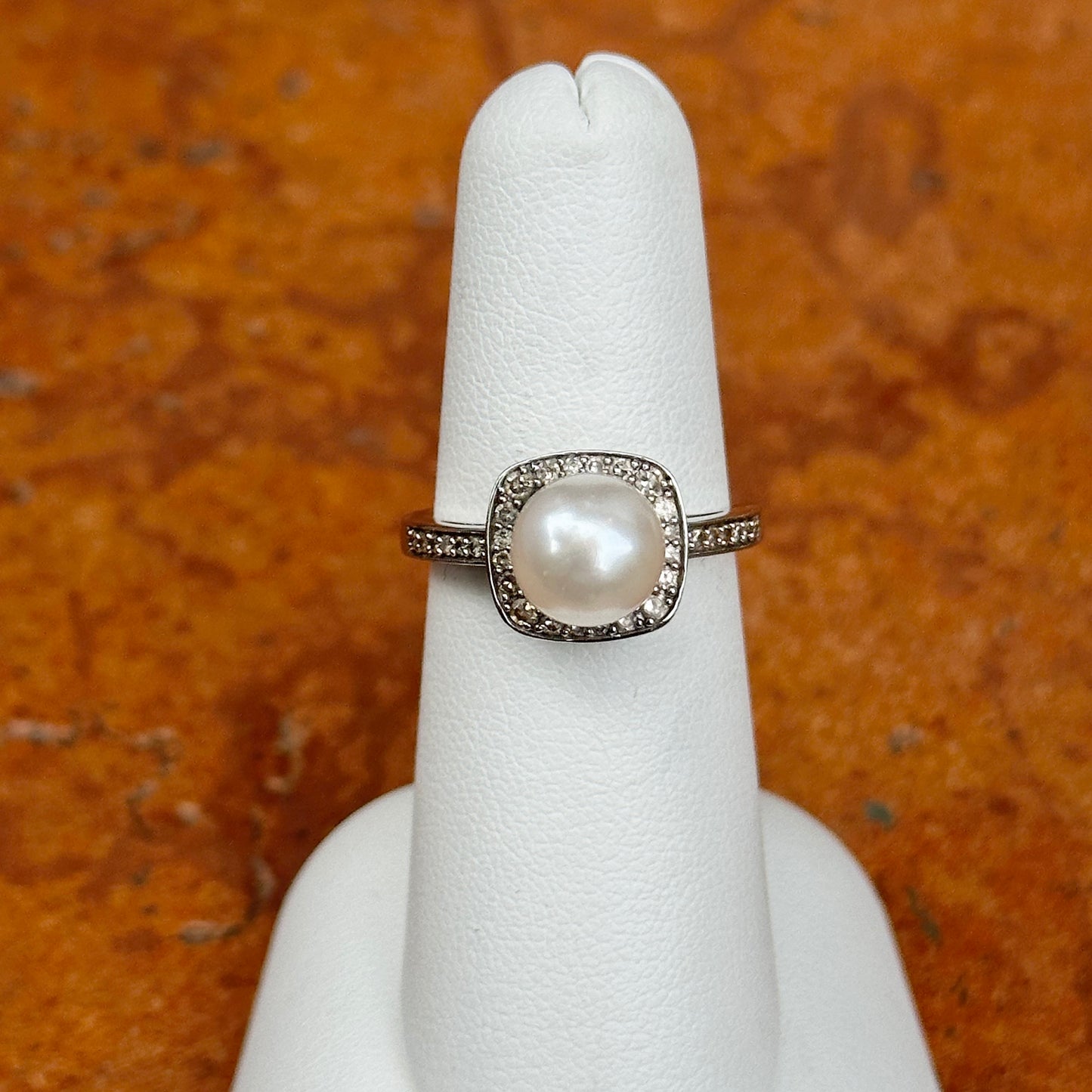 Estate 14KT White Gold Square Pave Diamond + White Pearl Ring