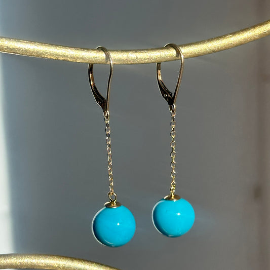 Estate 14KT Yellow Gold Sleeping Beauty Ball Dangle Lever Back Earrings