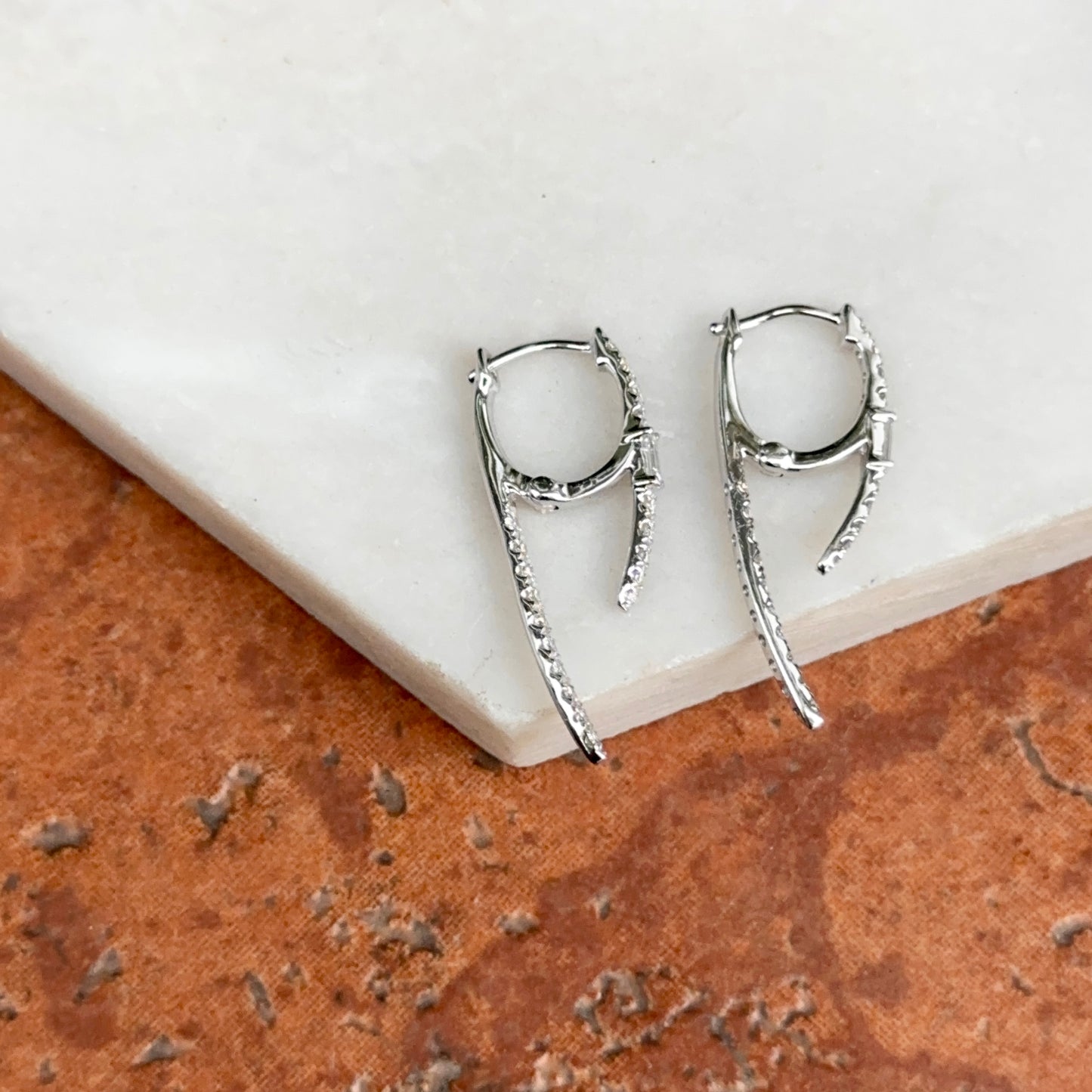 Estate 14KT White Gold Baguette Diamond Huggie Hoop Dangle Earrings