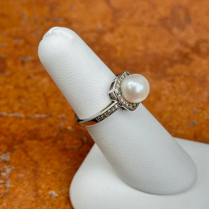 Estate 14KT White Gold Square Pave Diamond + White Pearl Ring