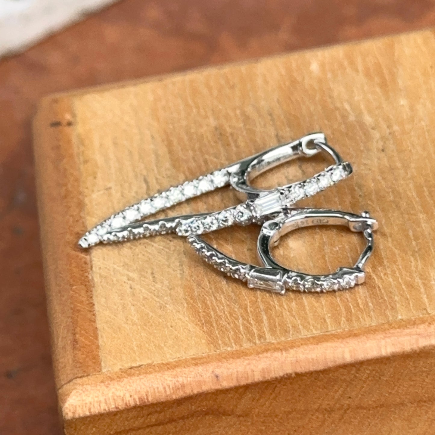Estate 14KT White Gold Baguette Diamond Huggie Hoop Dangle Earrings