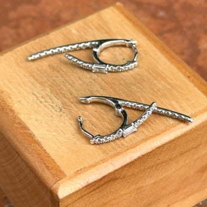 Estate 14KT White Gold Baguette Diamond Huggie Hoop Dangle Earrings