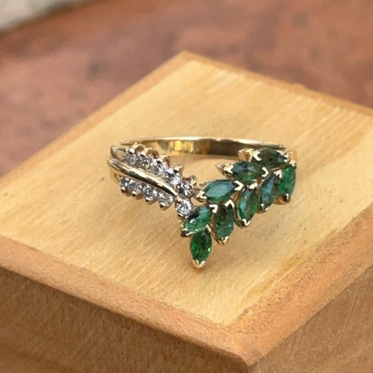 Estate 14KT Yellow Gold Marquise Emerald + Diamond V Ring