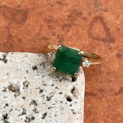 Estate 14KT Yellow Gold Emerald-Cut Emerald + Side Diamond Ring