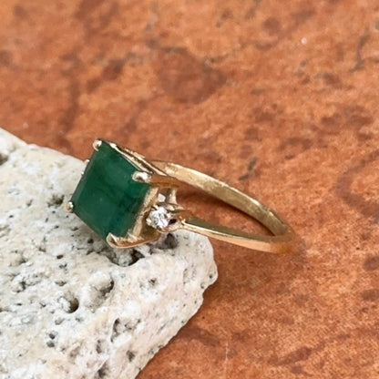Estate 14KT Yellow Gold Emerald-Cut Emerald + Side Diamond Ring