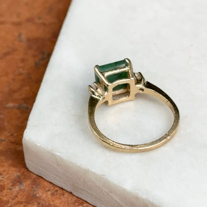 Estate 14KT Yellow Gold Emerald-Cut Emerald + Side Diamond Ring