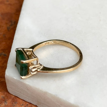 Estate 14KT Yellow Gold Emerald-Cut Emerald + Side Diamond Ring