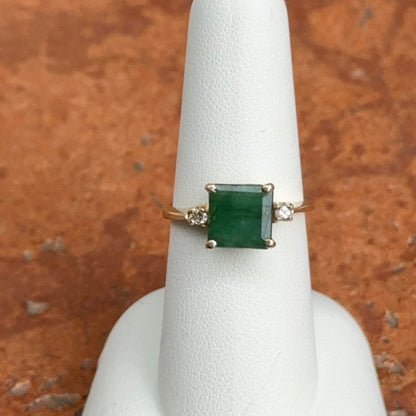 Estate 14KT Yellow Gold Emerald-Cut Emerald + Side Diamond Ring
