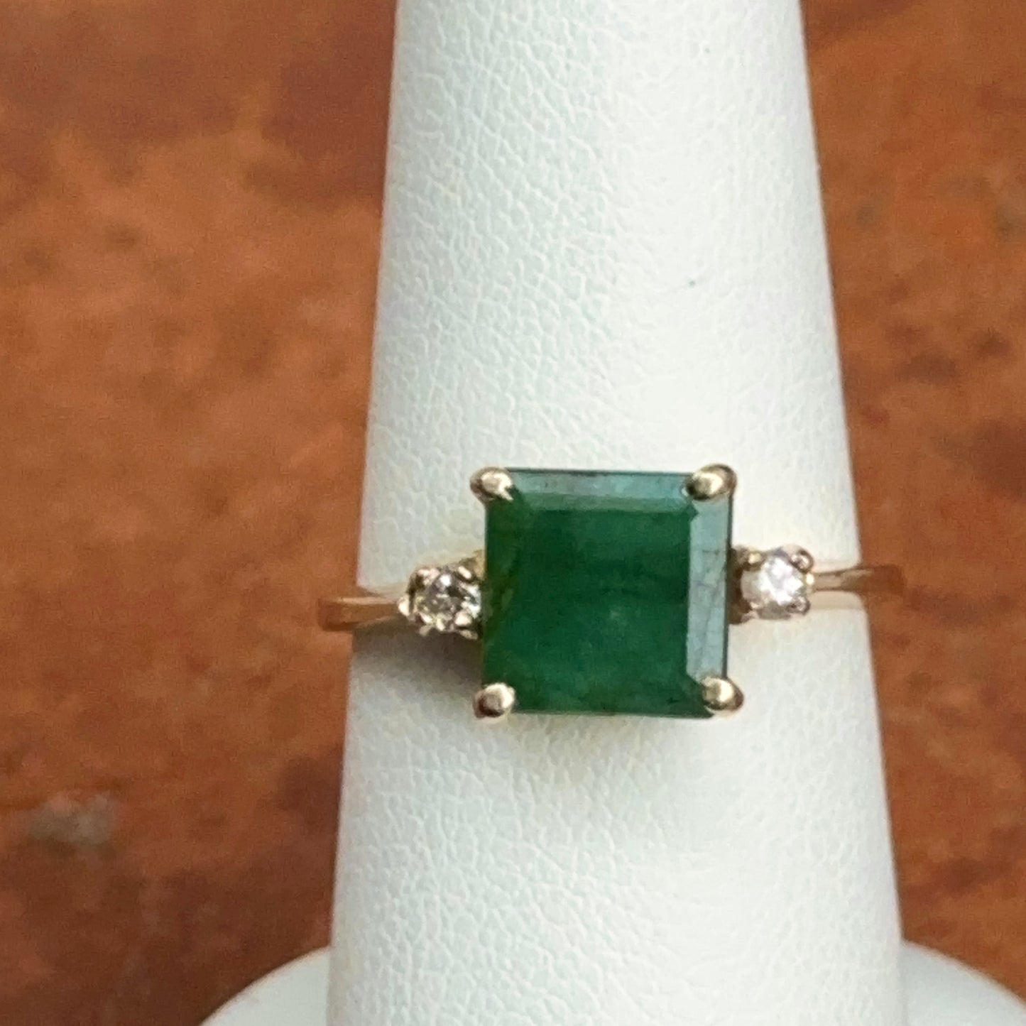 Estate 14KT Yellow Gold Emerald-Cut Emerald + Side Diamond Ring