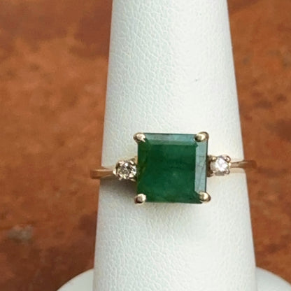 Estate 14KT Yellow Gold Emerald-Cut Emerald + Side Diamond Ring