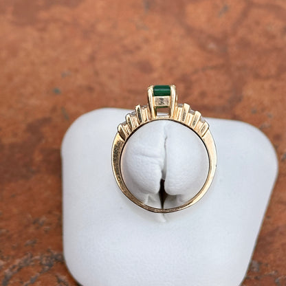 Estate 14KT Yellow Gold Emerald-Cut Lab Emerald + 3 Row Diamond Ring