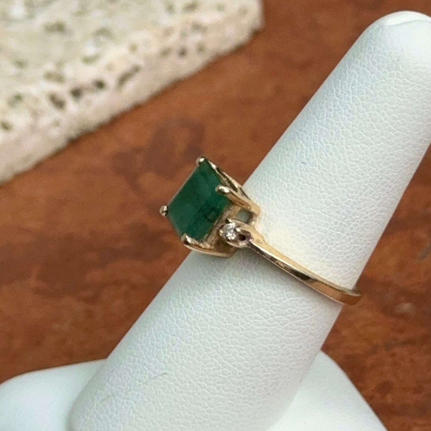 Estate 14KT Yellow Gold Emerald-Cut Emerald + Side Diamond Ring