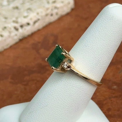 Estate 14KT Yellow Gold Emerald-Cut Emerald + Side Diamond Ring