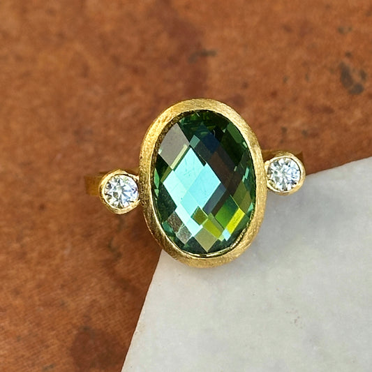 18KT Yellow Gold-Plated Oval Green Stone + Round White Stone Ring