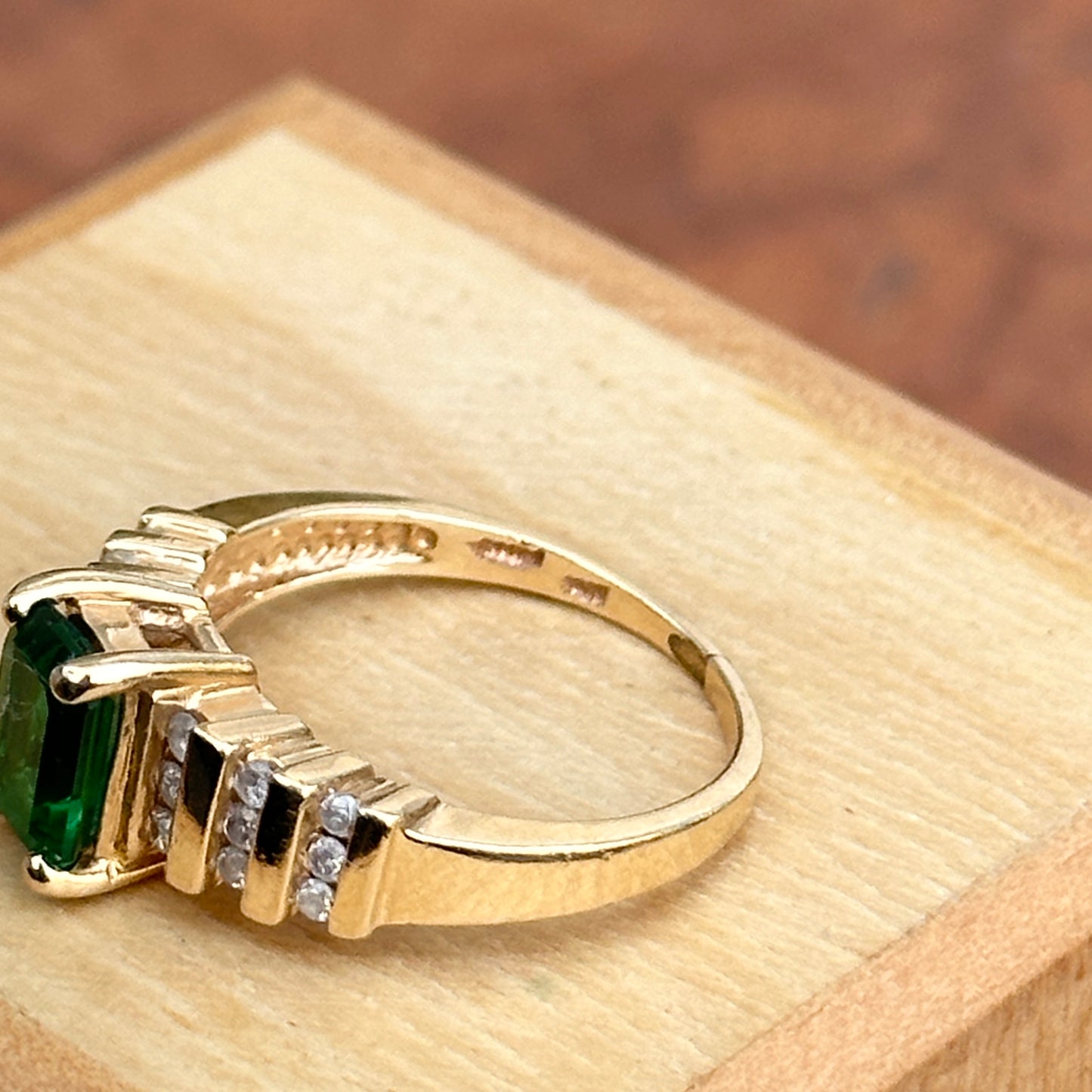 Estate 14KT Yellow Gold Emerald-Cut Lab Emerald + 3 Row Diamond Ring