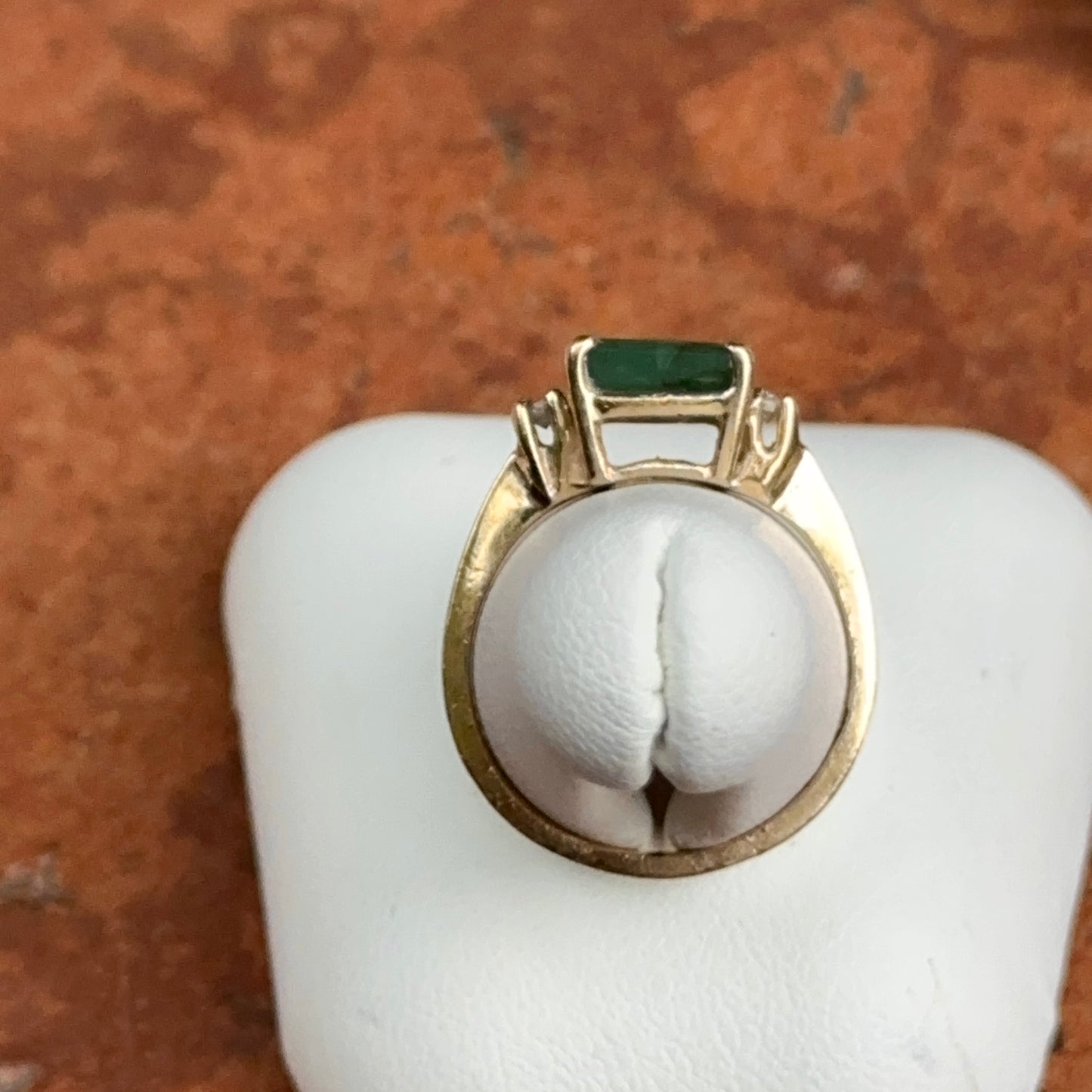 Estate 14KT Yellow Gold Emerald-Cut Emerald + Side Diamond Ring