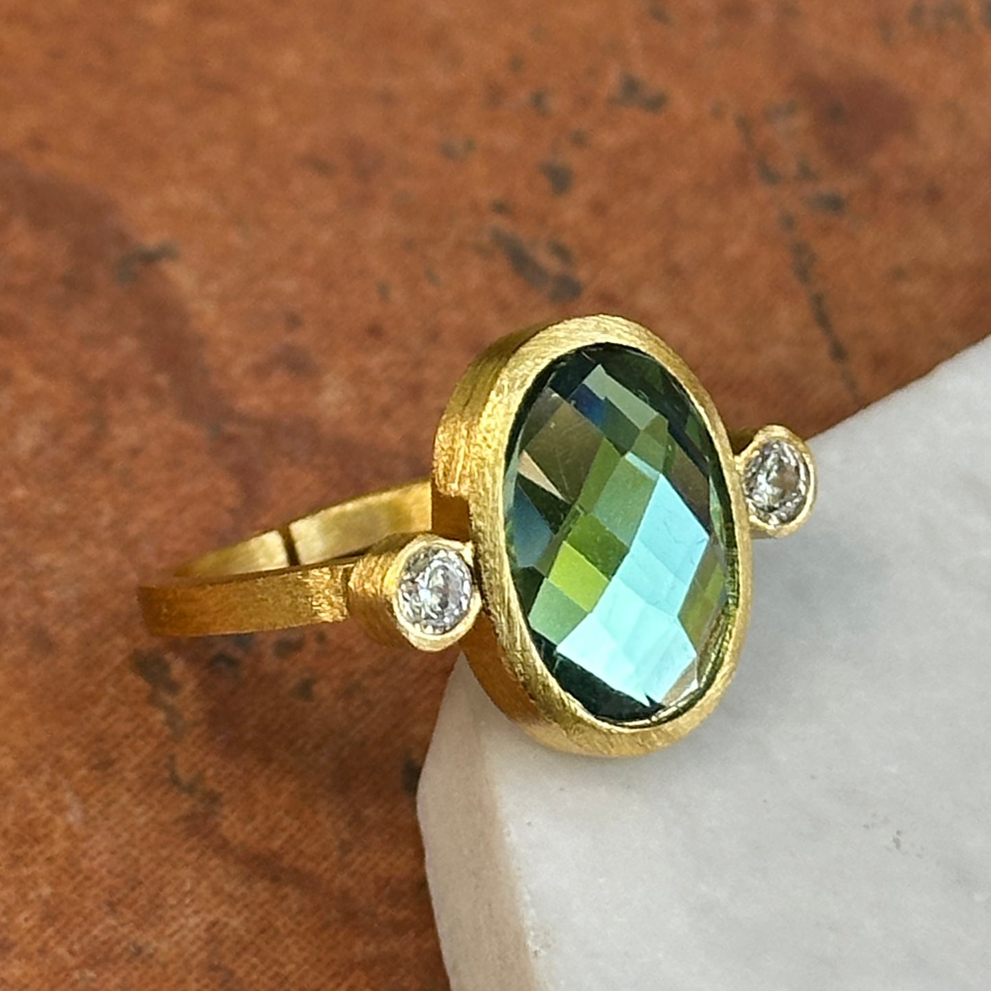 18KT Yellow Gold-Plated Oval Green Stone + Round White Stone Ring