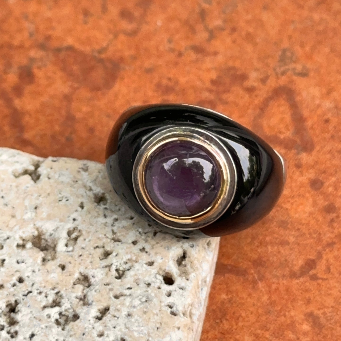 Estate Sterling Silver + 18KT Yellow Gold Amethyst + Onyx Dome Ring