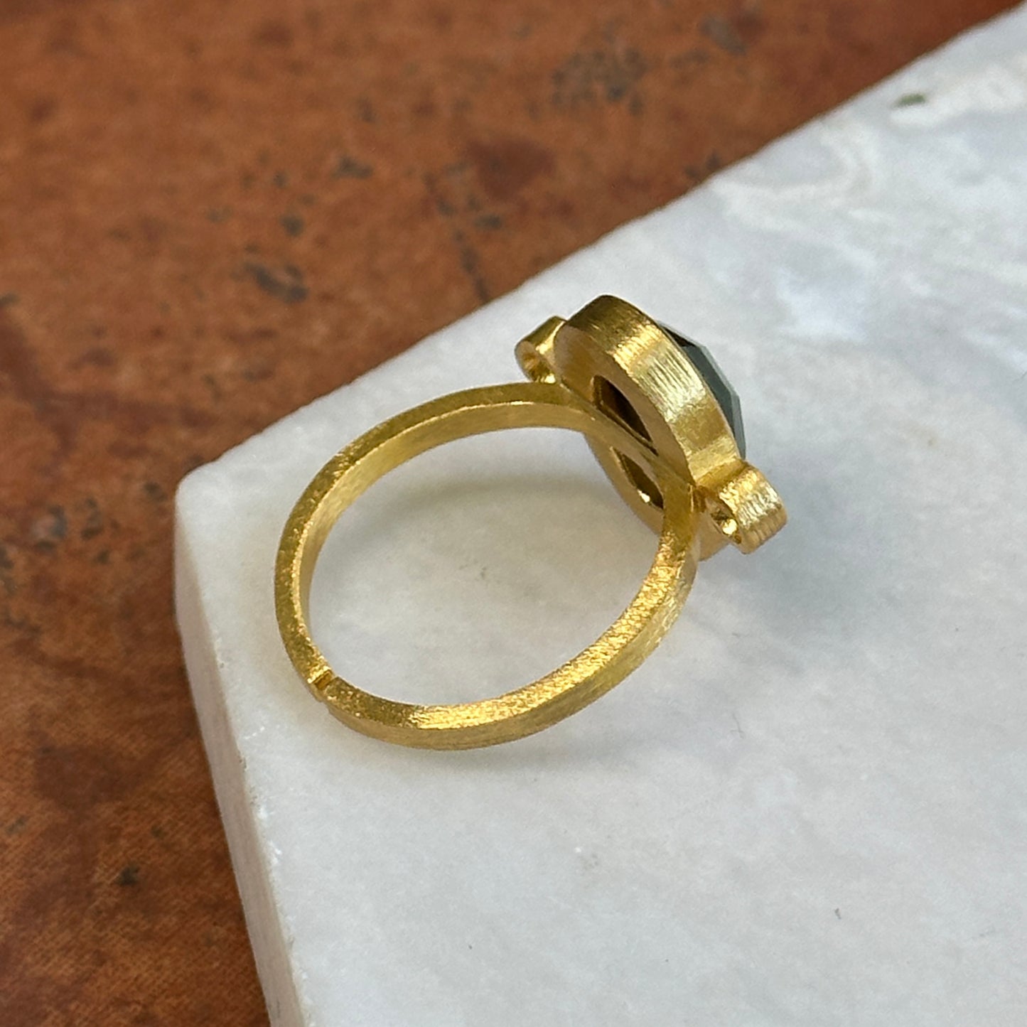 18KT Yellow Gold-Plated Oval Green Stone + Round White Stone Ring