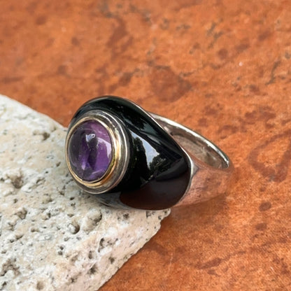 Estate Sterling Silver + 18KT Yellow Gold Amethyst + Onyx Dome Ring