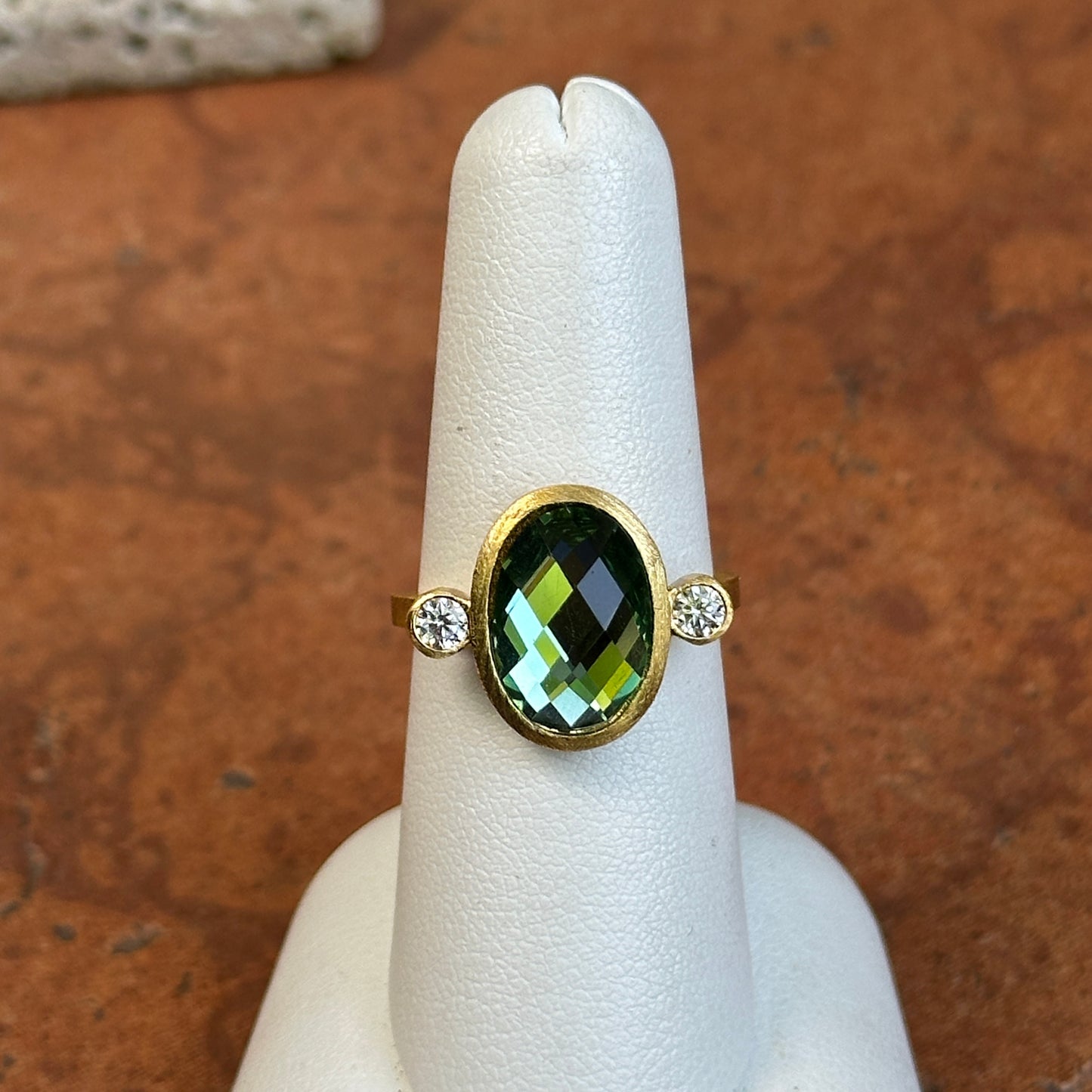 18KT Yellow Gold-Plated Oval Green Stone + Round White Stone Ring