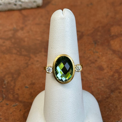 18KT Yellow Gold-Plated Oval Green Stone + Round White Stone Ring
