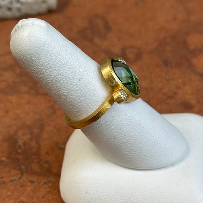 18KT Yellow Gold-Plated Oval Green Stone + Round White Stone Ring