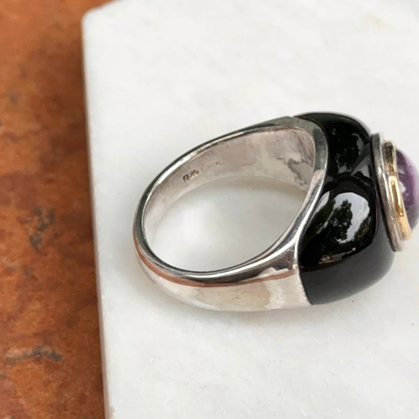 Estate Sterling Silver + 18KT Yellow Gold Amethyst + Onyx Dome Ring