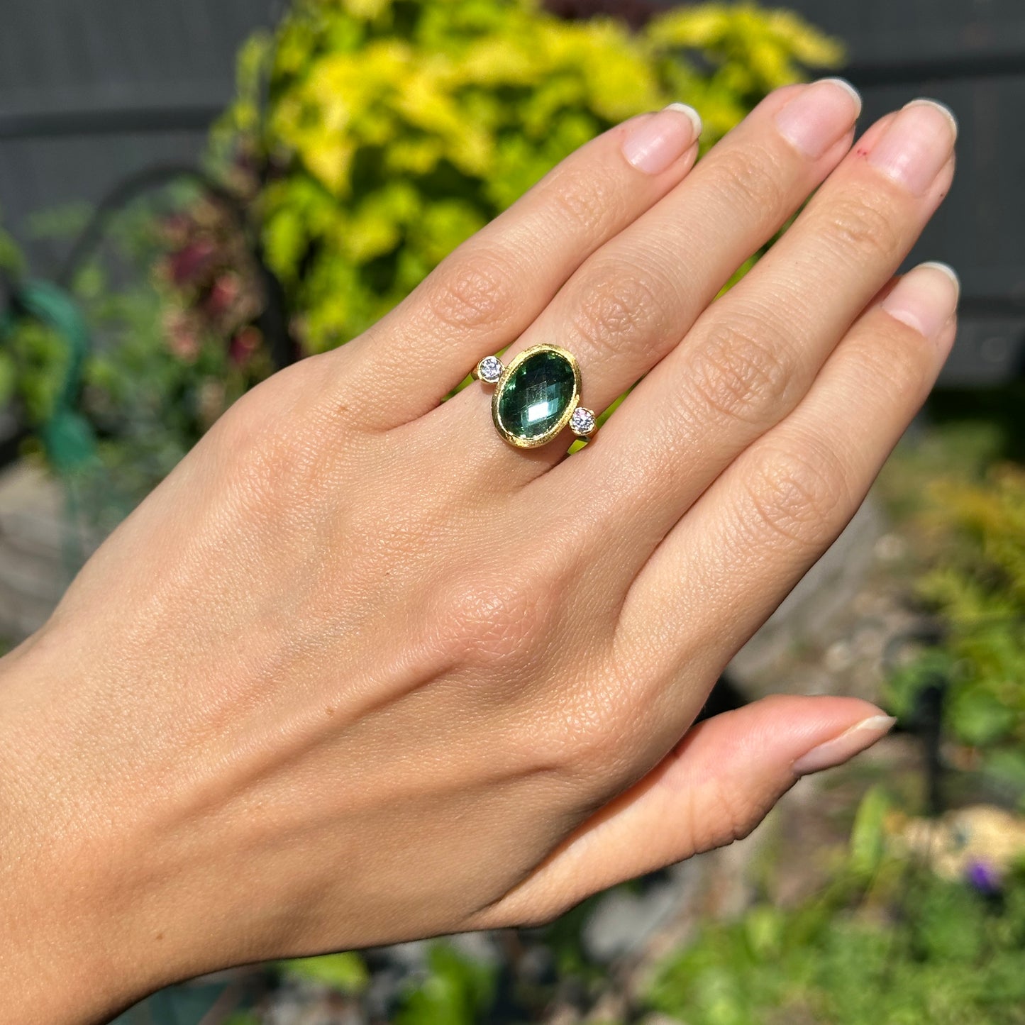 18KT Yellow Gold-Plated Oval Green Stone + Round White Stone Ring
