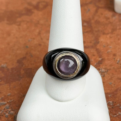 Estate Sterling Silver + 18KT Yellow Gold Amethyst + Onyx Dome Ring